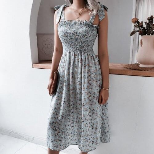 Sexy Ruched Midi Dress Women Spaghetti Strap Tie Bow Backless Boho Dresses Robe Summer Print Beach Party Vestidos Women Clothes
