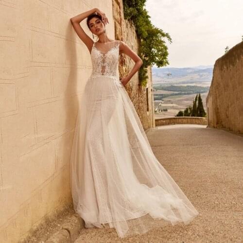 Sheer Scoop Neck Mermaid Lace Appliques Wedding Dresses With Tulle Overlay Garden New Fashion Ladies Bridal Gowns Spring Vestido