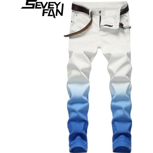 SEVEYFAN 2021 Mens Fashion Gradient Tie Dye Printed Jeans Plus Size 42 Stretch Slim fit Denim Pants for Male