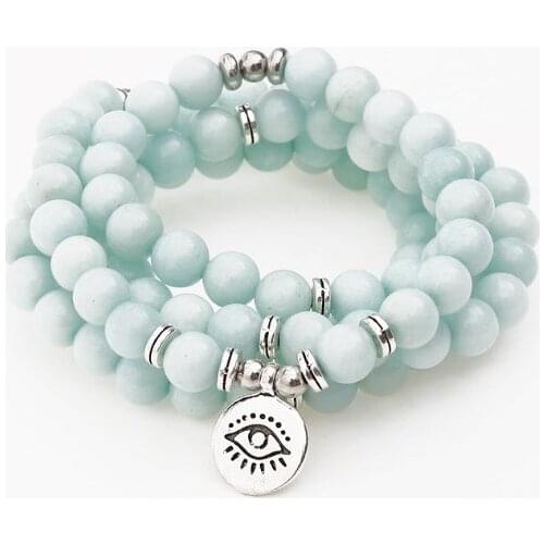 Blue 108 beads 8mm elastic adjustable Lotus life tree Buddha OM eye Chakra Reiki agate Onyx Yoga Bracelet necklace hku6