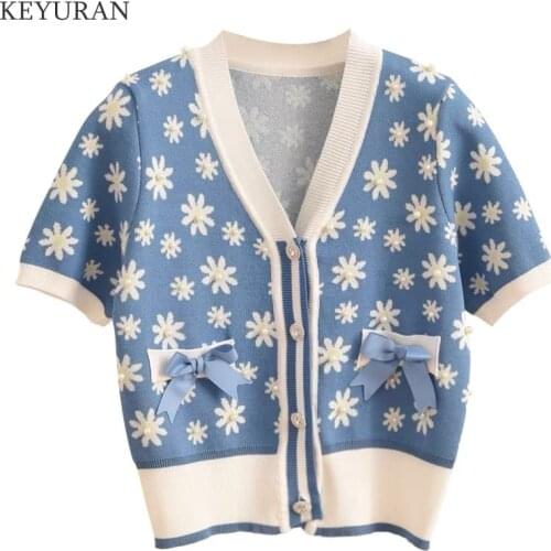 Sweet Retro Flower Short Sleeve Knit Sweater 2021 Spring/Summer Pearl Beading Contrast V-neck Floral Thin Knitted Cardigan Tops