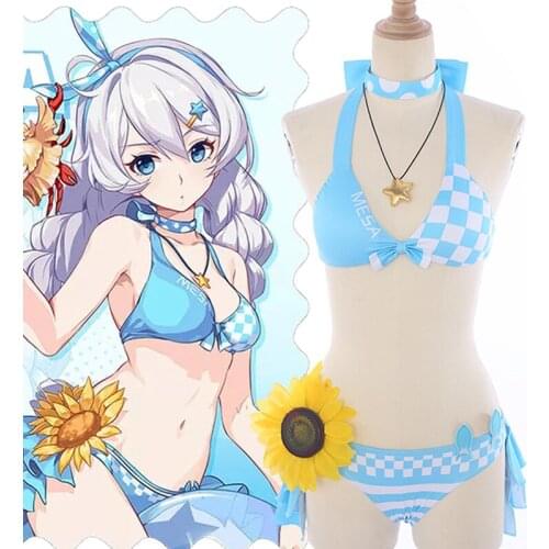 In Stock! Cos Kiana Kaslana Light Blue Grid Daily Swimsuit Honkai Impact 3 Cosplay Bikini Summer Cool Swimwear Costume