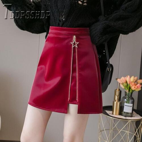 2019 Sexy Zipper Pu Leather A Line Women Skirt Autumn Korean Mini Female Skirts