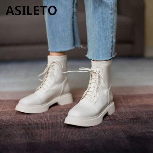 ASILETO Women Ankle Boots 2021 New Classic Round Toe 4cm Flat Lace-Up Platform Big Size 32-43 Warm Casual Winter White B2169