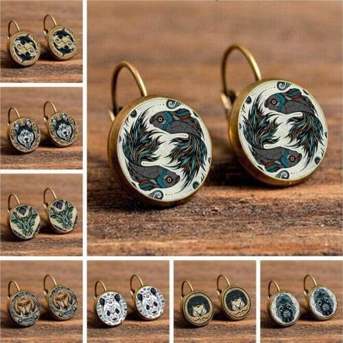 16 Style Handmade DIY Glass Cabochon Stud Earrings For Women Charming Animal Eagle DOG Wolf Dragon Pattern Pendientes