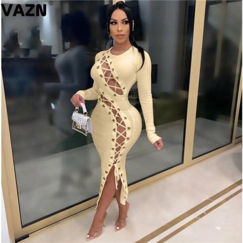 VAZN 2020 New Knit Dress Open Outspoken Cross Bandage Top Unusual Sexy Club Full Sleeve Women Thin High Waist Thin Midi Dress