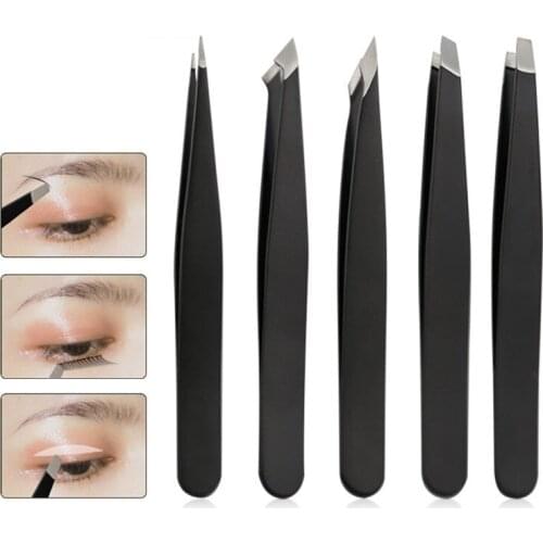 1PCS Hair Removal Tweezers Stainless Steel Eyebrow Tweezers Slanted Black Tip Point Face Harmless Makeup Beauty Tool