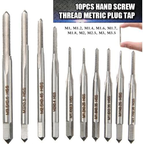10pcs/set M1/M1.2/M1.4/M1.6/M1.7/M1.8/M2/M2.5/M3/M3.5 Hand Screw Thread Metric Plug Tap Drill Bit DIY Tool Kits