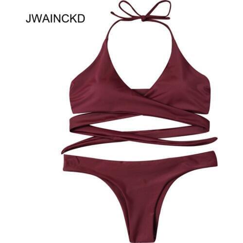 2018 Push-Up Bikinis Sexy Bandage Design Halter Bikini Swimsuit Women Low Waist Women Swimwear Swimming Suit Brazilian Biquini