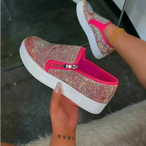 2021 Hot Womens Loafers Pumps Casual Ladies Rhinestone Sneakers Slip On Zipper Flat Shoes