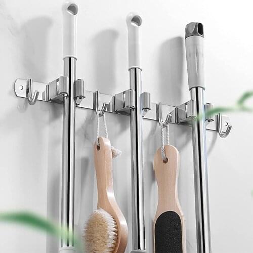 BalleenShiny High Quality 304 Stainless Steel Mop Hook Broom Holder Free Perforation Wall-mounted Multifunctional Broom Holder