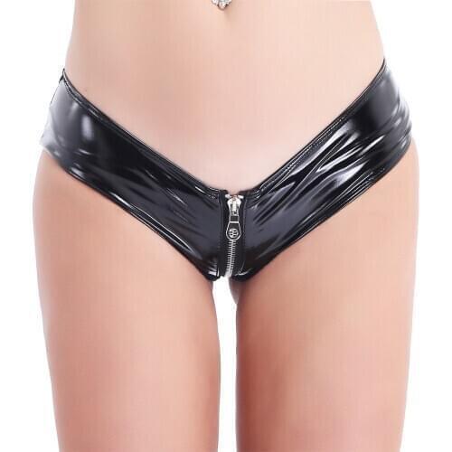 Low Waist Latex Panties Shiny Patent Leather Sexy Shorts Clubwear Mini Shorts Zipper Open Crotch Underpants Sexy Bikini Briefs