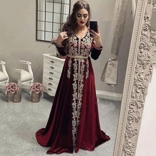 Burgundy Moroccan Kaftan Caftan Muslim Evening Dresses A-line Long Sleeves Appliques Dubai Arabic Turkey Abaya Islamic Gown