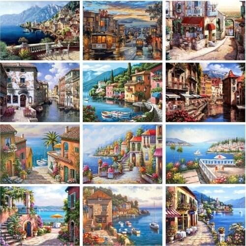 DIY Paint By Numbers for Adults Children Seaside Town Landscape HandPainted Oil Painting Picture Art Home Wall Decor Gift