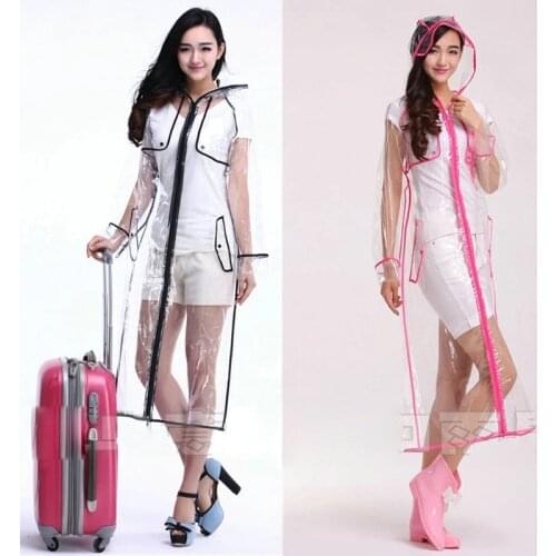 Fashion EVA transparent waterproof women Long raincoat poncho windproof clear rain coat with zipper outdoor jacket rainwear