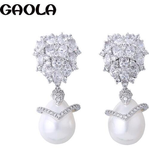 GAOLA Clear White Micro Pave Setting Dangle Earring Cubic Zirconia Imitation Pearls Earrings GLE6122Y