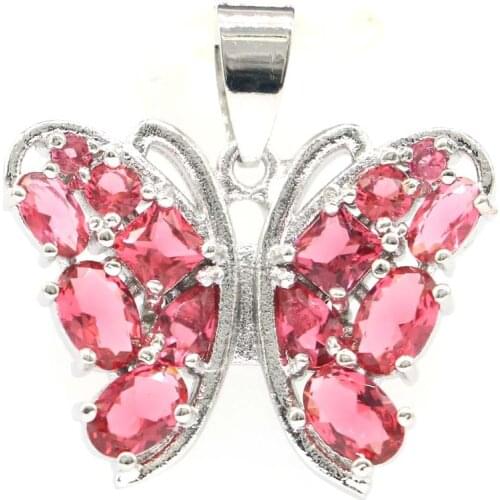 30x25mm Delicate Fine Cut Dazzling Created Pink Tourmaline White CZ For Sister Daily Wear Dating Silver Pendant