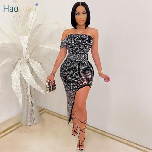 HAOYUAN Mesh Sheer Rhinestone Bodycon Dress Sexy Summer Outfits for Women Off Shoulder Maxi Dresses Night Club Ladies Long Dress