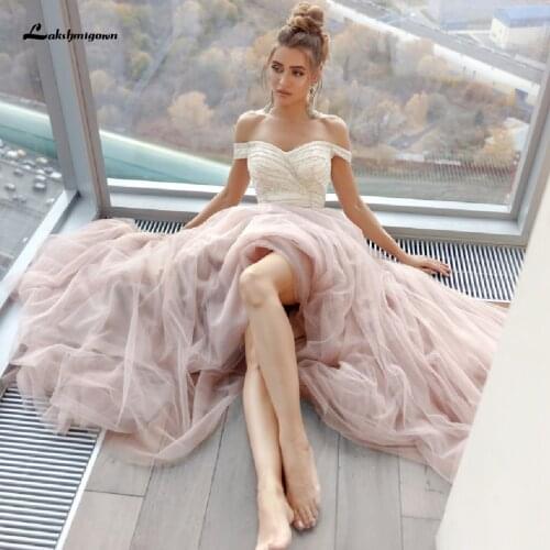 Lakshmigown Elegant Evening Party Dress Long Formal Evenin Gowns 2020 Sexy Dusty Pink Prom Dress Off the Shoulder Robe de Soire