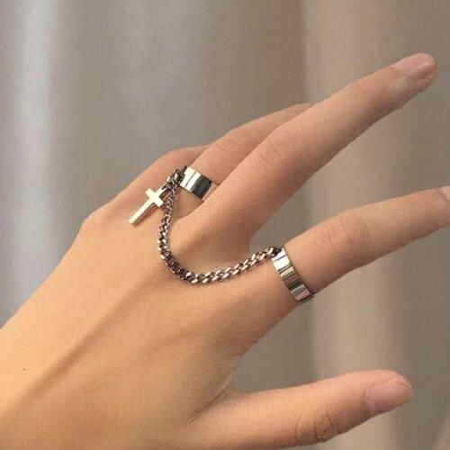 2021 HOT SELL Retro Punk Hip Hop Cross Ring Finger Chain Adjustable Link Ring Jewelry Gift Mens Womens Gothic Jewelry Rings