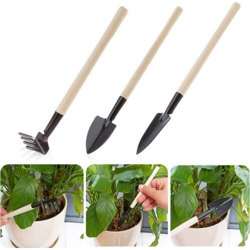 3pcs Mini Stainless Steel Plant Rake Shovel Soil Raising Flowers Wooden Handle Garden Plant Care Gardening Tools Trimmers