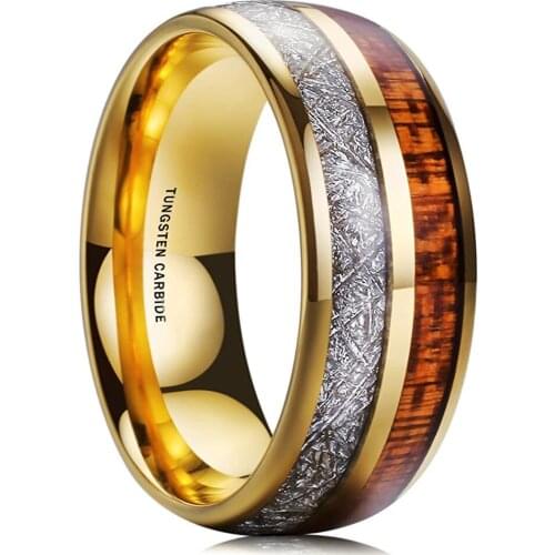 Trendy 8mm Mens Golden Tungsten Carbide Ring Hawaiian Koa Wood And Meteorites Inlaid Dome Engagement Ring Mens Wedding Band