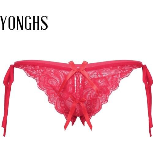 Mens Erotic Lingerie Sissy Underwear G-string Lace-up T-back Crotchless Panties Low Waist Floral Lace Thong Briefs Underpants