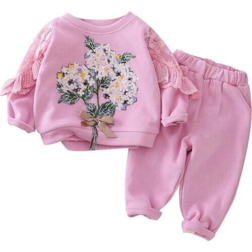 Flower Girls Clothes Spring Autumn Toddler Kids Fashion Suit Sets Cotton Lace Long Sleeve T Shirt +Pants Baby 2pcs High Quality