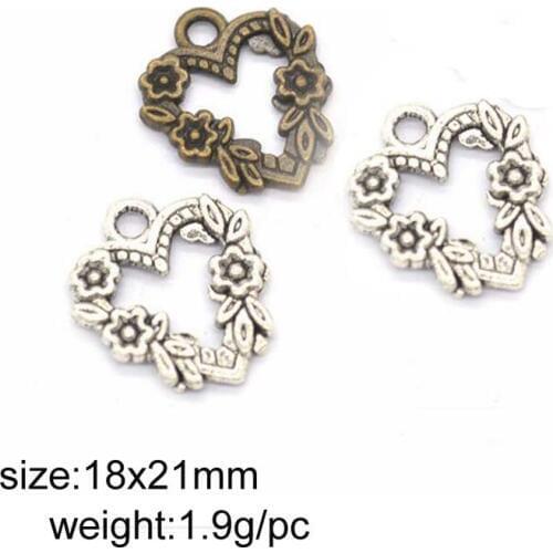 25pcs/lot Alloy Antique Silver 18x21mm flower heart Charm Pendant Fit Bracelet Necklace DIY Metal Jewelry Making