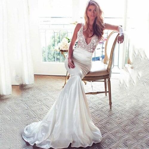 Simple Mermaid Wedding Dress V Neck Stretch Satin Lace Appliques Bridal Dress Wedding Gowns vestidos de novia 2021