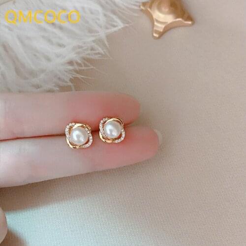 QMCOCO 925 Silver Creativity Design Zircon Pearl Twist Stud Earrings For Women Trendy Fine Party Jewelry Ear Accessories