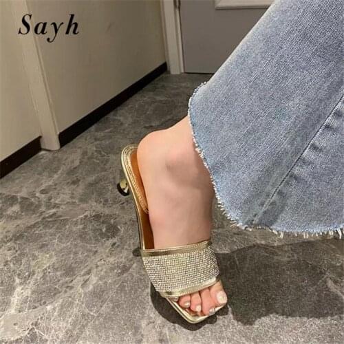 Women Shiny Rinestones Crystal Sandals Open Toe Pumps Casual Mules Stilettos High-Heel Sandals Summer Shoes
