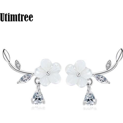 Natural Shell Hand-carved Flowers 925 sterling silver Stud Earrings Water Drop Zircon Earring For Women Wedding Jewelry