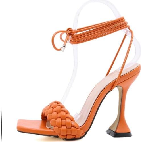 New Women Sandals Hollow Cross-Tied Weave Shoes Fashion Cozy Leather Peep Toe Ankle Strap Ladies Strange Heels Pumps