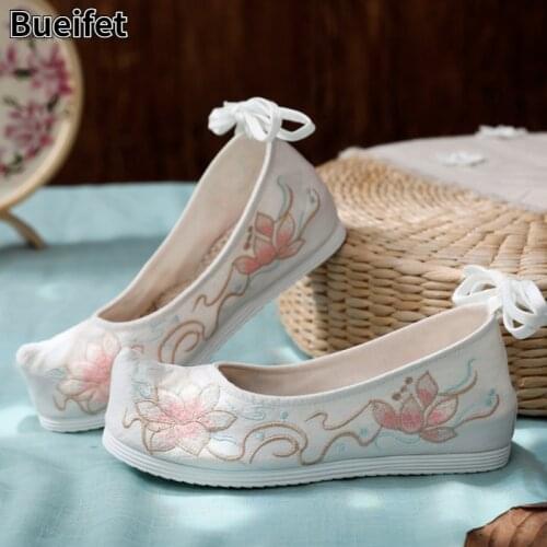 Chinese Style Oriental Women Hanfu Shoes Ancient Traditional Embroidery Canvas Ankle Strap Shoes Women Comfort Hanfu Shoes