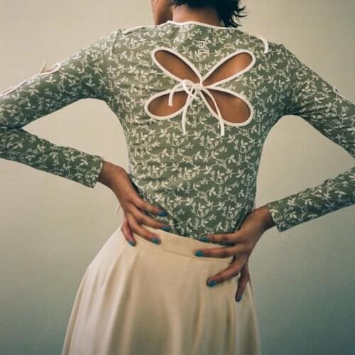 Vintage Butterfly Hollow Out Bandage Long Sleeve T-shirts Streetwear 90s Print O-neck Green Tops Y2K Fashion Outfits