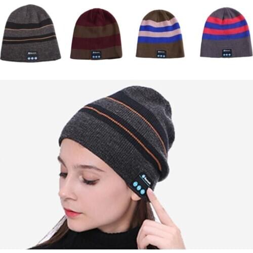 Striped Color Matching Knitted Winter Warm Bluetooth Headset Cap Wireless Call 24BD