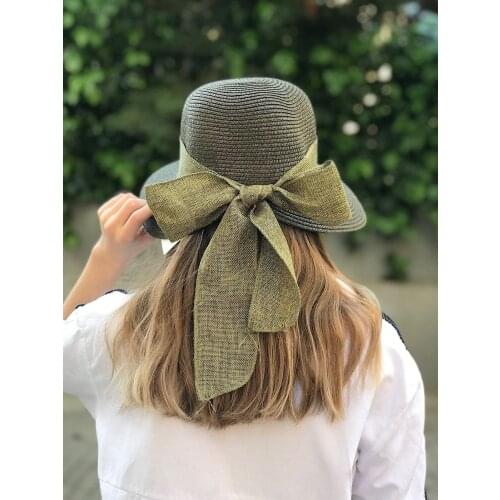 2021 Summer Women Big Bow Sun Khaki Straw Bow Hat Style Vintage Design Wide Side Straw Hat Solid Color Anti-UV Holiday Beach Hat