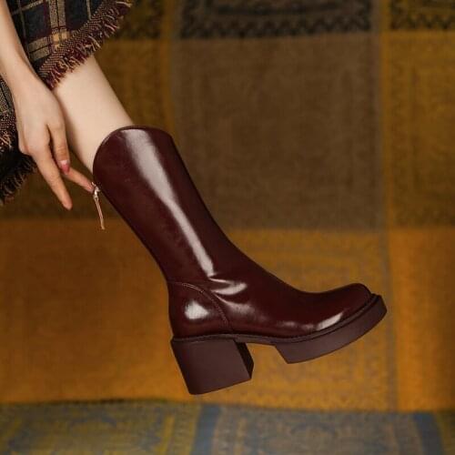 2021 Winter Women Boots Platform Boots leather boots women Mid-calf Boots Heels Cow Leather Women shoes Fashion Modern Boots