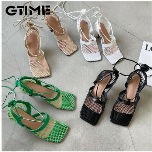2021 Ladies Sexy Mesh Sandals Shoes Summer Thin High Heels Pumps Women Square Toe Ankle Strap Gladiator Romen Outdoor#SJPAE-210