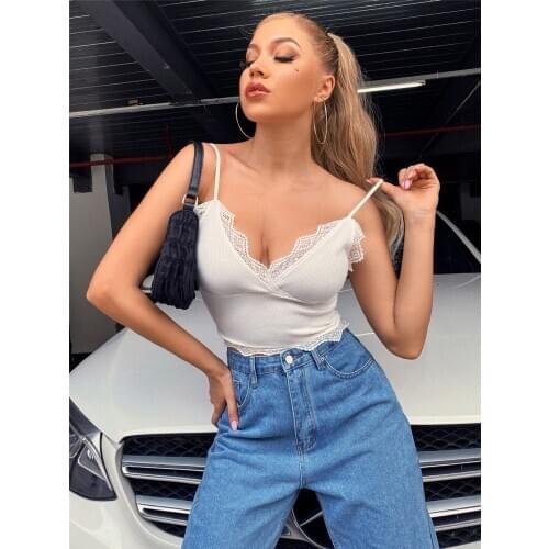 Women Leisure Sleeveless Tops Solid Color Sling Lace Hem Ribbed Camisole V-Neck For Female Summer White And Red