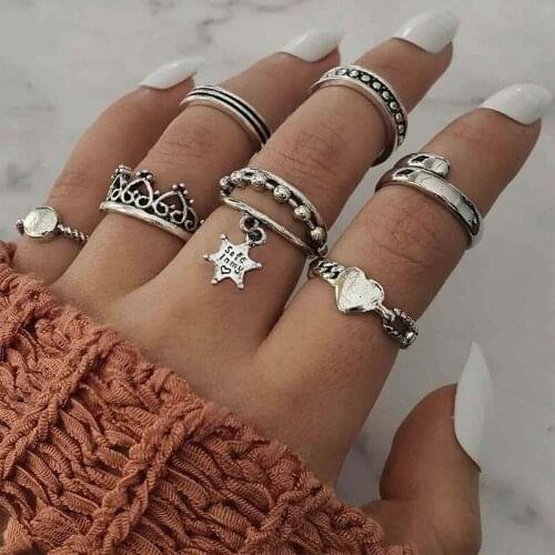 7 Pcs/Set Women Rings Set Punk Crown Love Heart Star Round Geometric Opening Silver Color Ring Charm Girl Party Holiday Jewelry