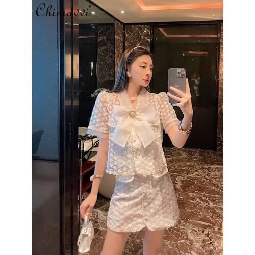 2021 Summer Socialite Temperament Dress Sets Women Lace Bow Short Sleeve Top+High Waist Slimming Skirt Fashion Two-Piece Suit