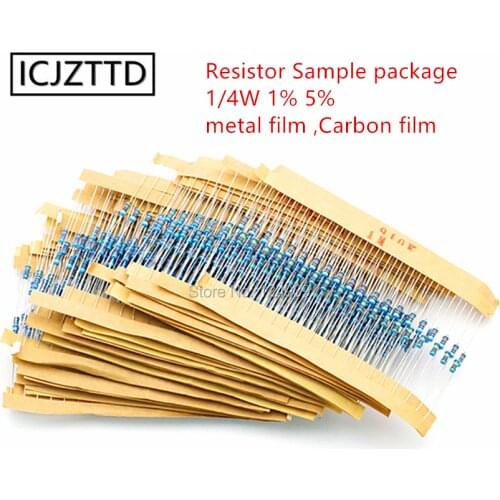 1/4W 1% metal film resistor Sample package 5% Carbon film Color ring resistance DIP 100R 10K 1M 47OHM 510K 4K7 16R 33R 27K 0.1R