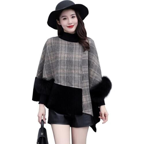 2020 Autumn Winter New Plaid cloak Woolen coat Foreign style Irregular shawl Temperament Bat sleeve Short Coats Womens clothing