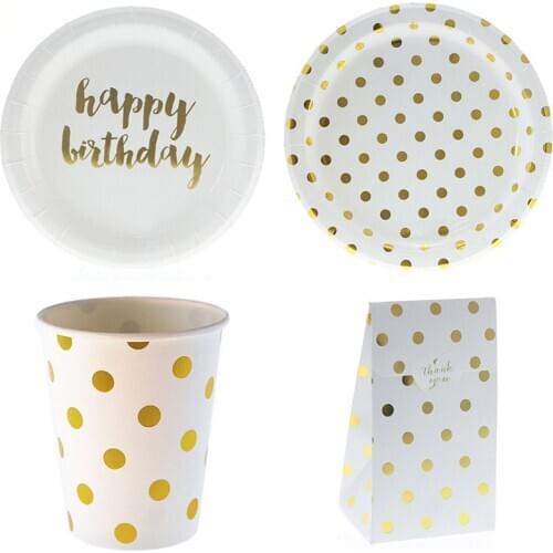 8 Pc Pink Foil Gold Dot Birthday Wedding Party Supplies Decor Cake Dish Disposable Paper Plates Cups Tableware Baptism Favors