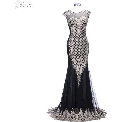 Vestido de Festa Sexy Illusion Black Evening Dress Long Luxury Mermaid Evening Gowns Beaded With Appliques Robe de Soiree Longue