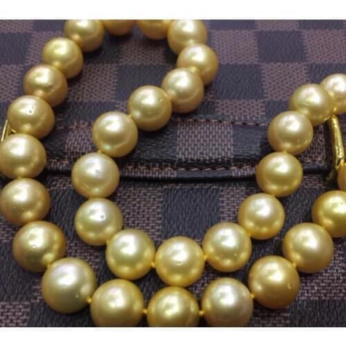 Free shipping gorgeous 12-13mm south sea gold round pearl necklace 18inch 925s