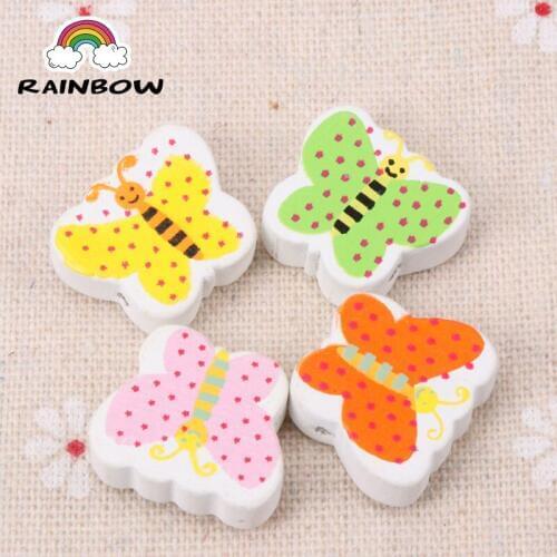 Mixed Colours Cartoon Butterfly Pattern Shape Wooden Material Spacer Beads For Children Jewelry Making DIY 19x17mm 20pcs