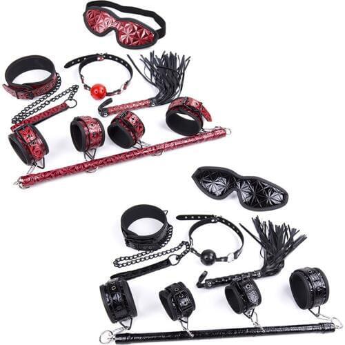 CamaTech Stainless Steel Metal Spreader Bar Bondage With Leather Handcuffs Ankle Cuffs Neck Collar Whip Gag Restraint Adult Game